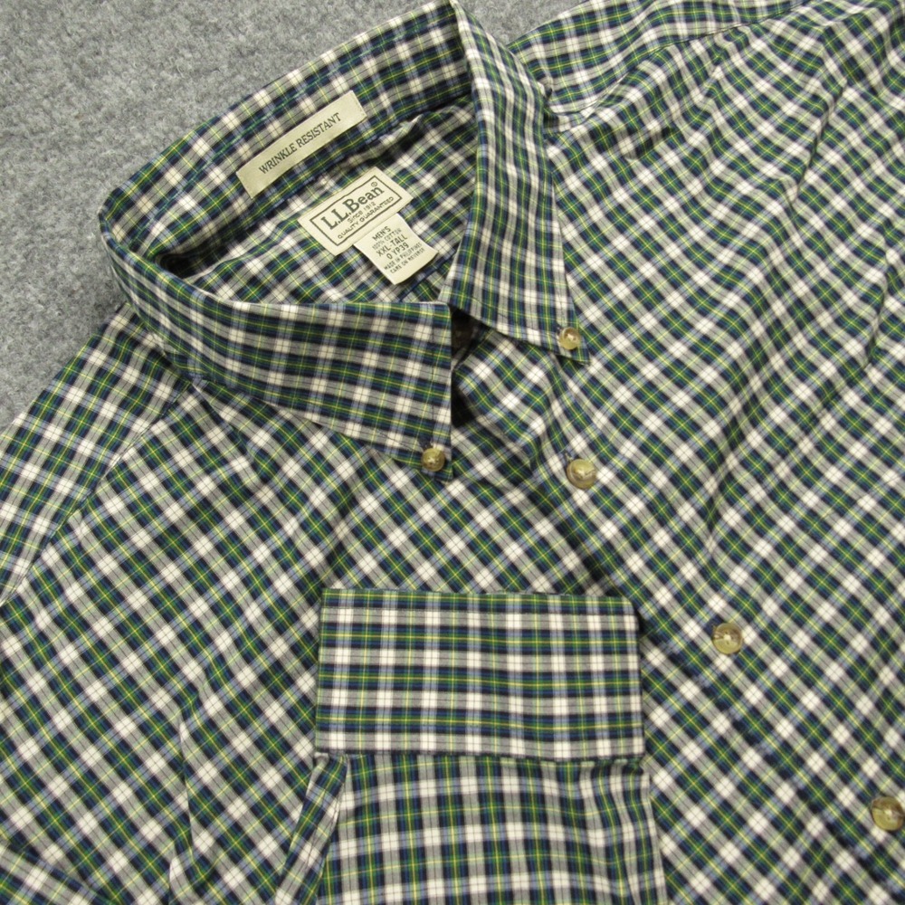 LL Bean Shirt Mens Extra‎ Extra Large Tall Green Blue Plaid Wrinkle Resistant